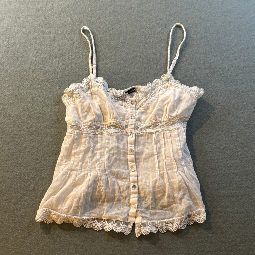 Zara Lace Trim Cami Top Womens XS White Cotton Button Front Cottagecore Coquette